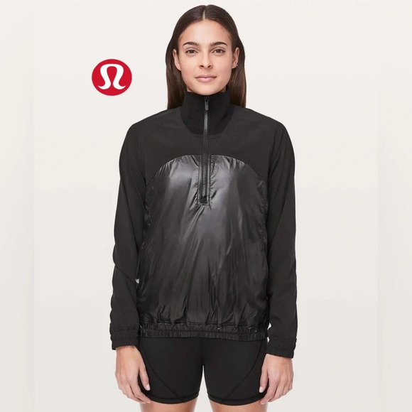 Lululemon black shiny neoprene half zip jacket with joey pocket size 12 - Picture 1 of 10